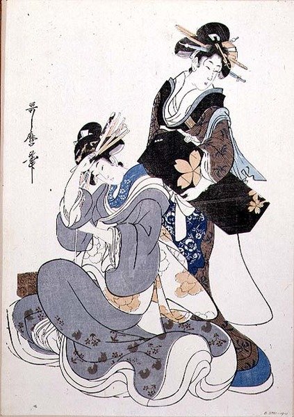 Dwie postacie kobiece (kolorowy drzeworyt) autorstwa Kitagawa Utamaro