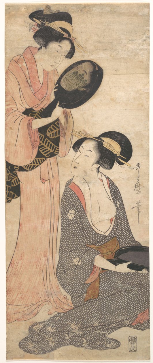 Dwie damy, każda z częścią lakowanego lustra autorstwa Kitagawa Utamaro