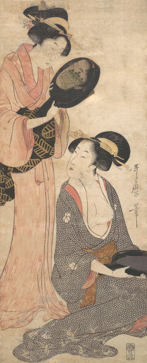 Dwie panie, każda z częścią lakierowanego lustra, lata 1790. autorstwa Kitagawa Utamaro