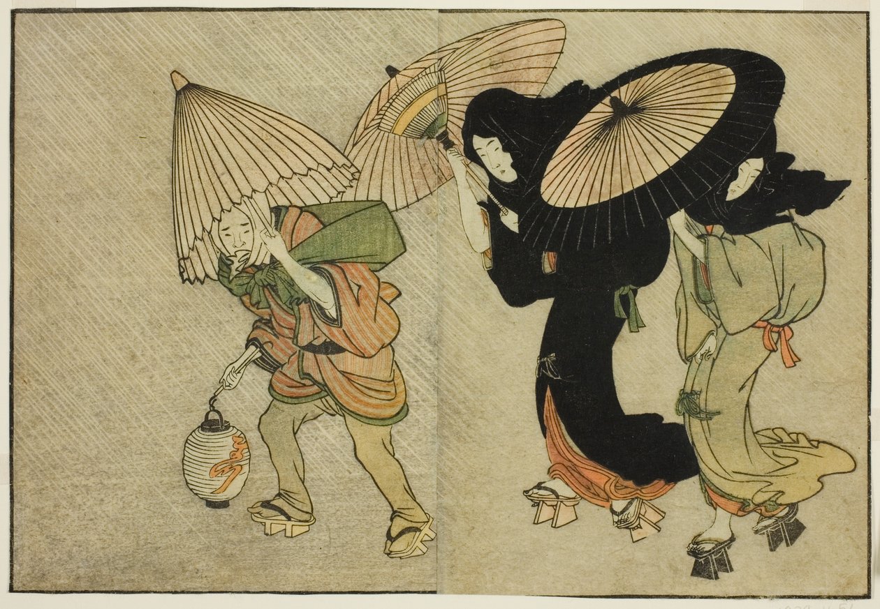Dwie kobiety i pomocnik złapany w burzę, z ilustrowanej książki „Picture Book: Flowers of the Four Seasons (Ehon shiki no hana)”, tom. 2 autorstwa Kitagawa Utamaro