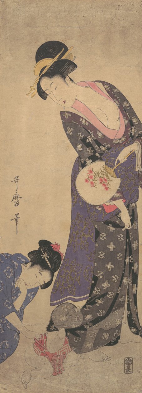 Dwie kobiety z dzieckiem bawiące się na podłodze, ca. 1793. autorstwa Kitagawa Utamaro