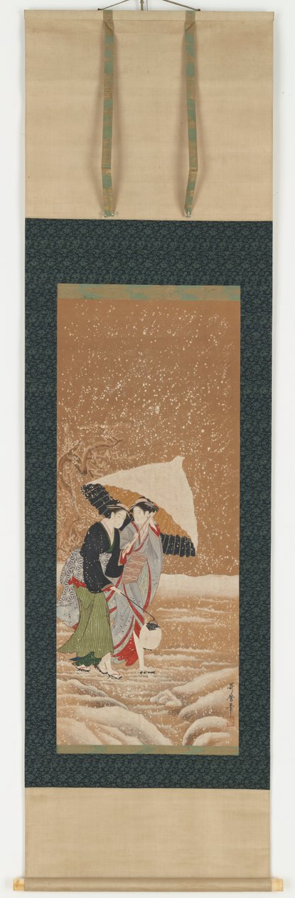 Dwie dziewczyny pod parasolem podczas śnieżycy, 1753-1806. autorstwa Kitagawa Utamaro