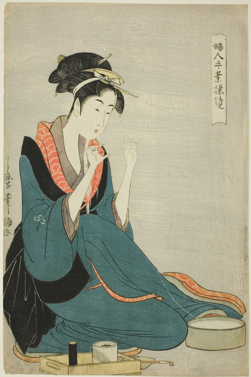 Wiązanie nici, z serii „Rękodzieło kobiet: modele zręczności” („Fujin tewaza ayatsuri kagami”) autorstwa Kitagawa Utamaro