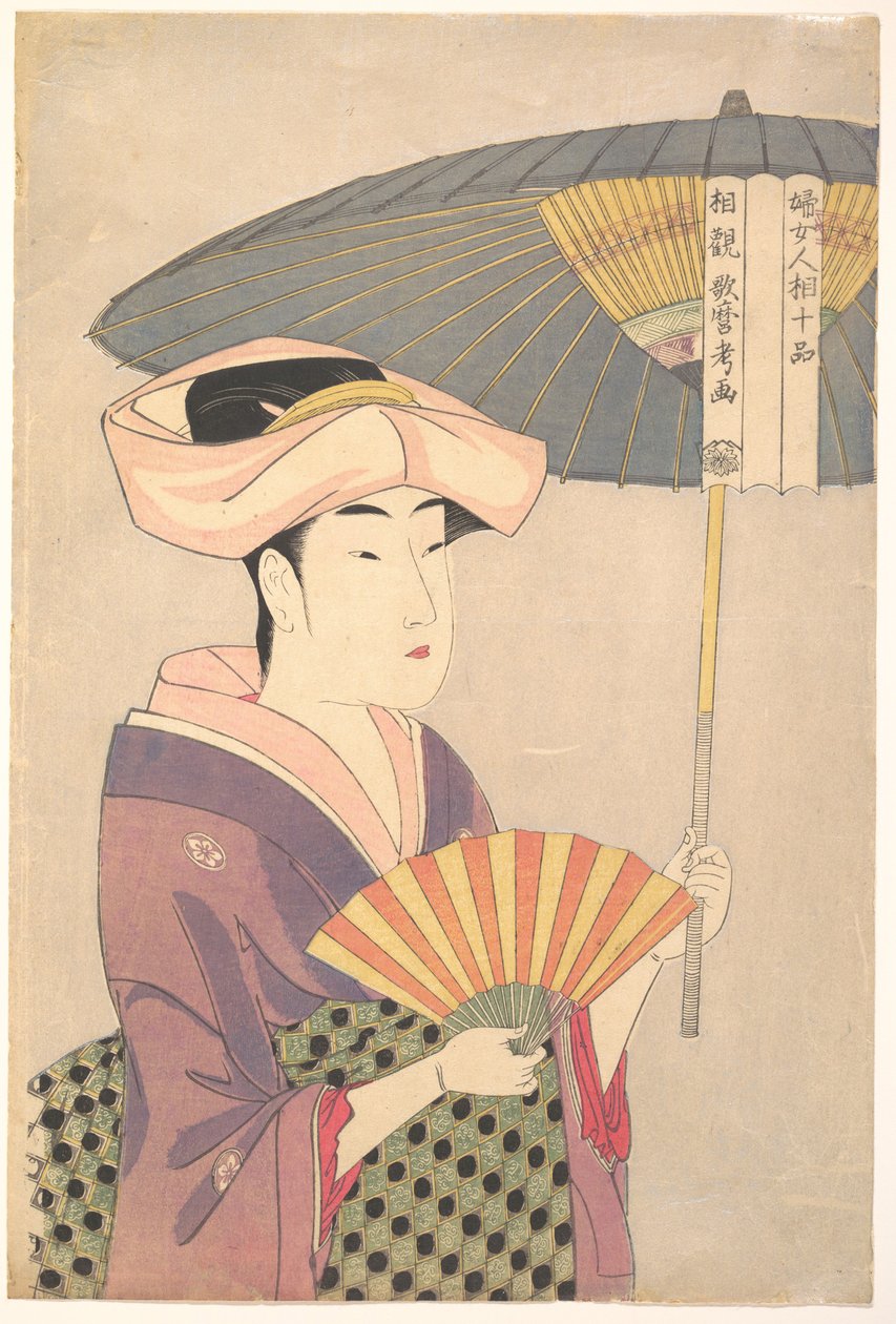Kobieta trzymająca parasolkę, z cyklu Dziesięć typów w fizjonomicznym studium kobiet, c. 1793 autorstwa Kitagawa Utamaro