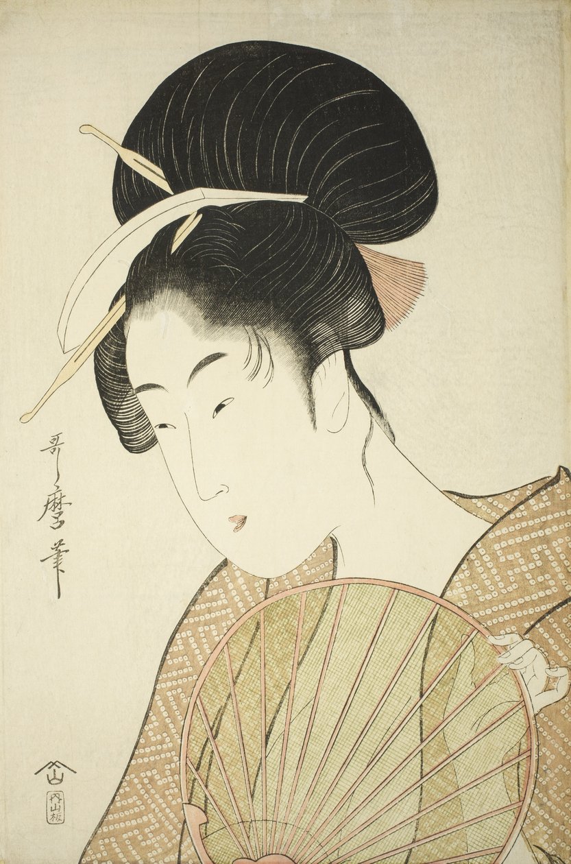 Kobieta trzymająca okrągły wachlarz, ok. 1797 r. autorstwa Kitagawa Utamaro
