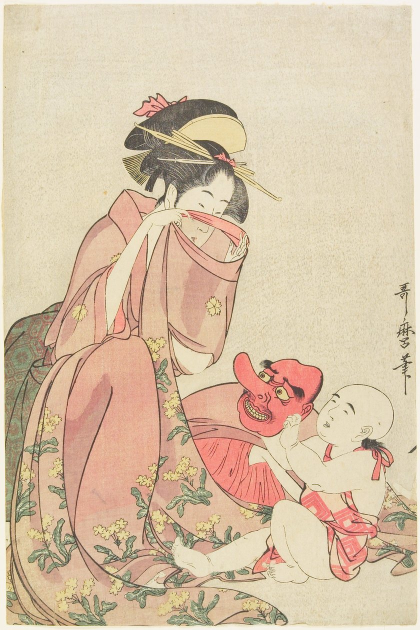 Kobieta bawiąca się z dzieckiem w masce tengu autorstwa Kitagawa Utamaro