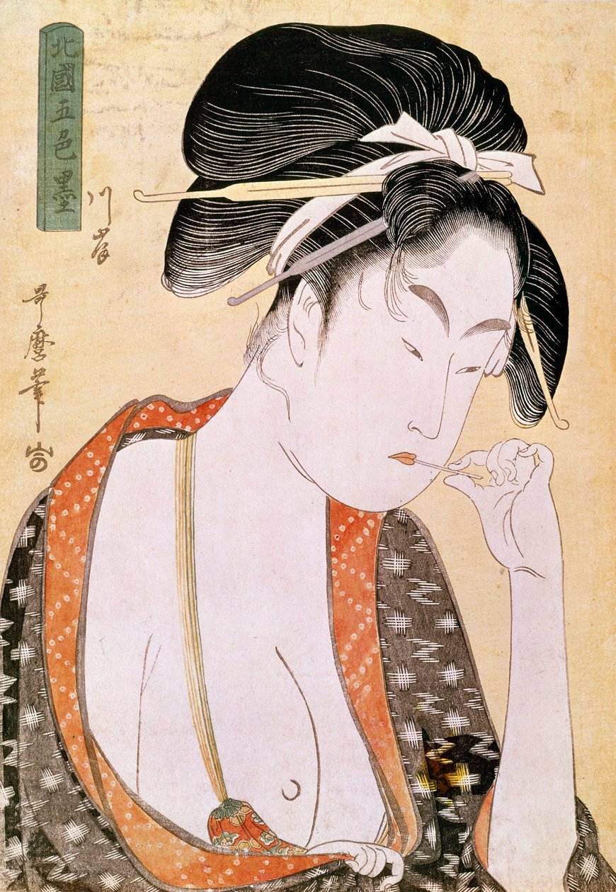 Kobieta pragnąca ust Japoński nadruk autorstwa Utamaro Kitagawy (1753-1806). 18 wiek. Paryż, Muzeum Guimet, Muzeum Sztuki Azjatyckiej autorstwa Kitagawa Utamaro