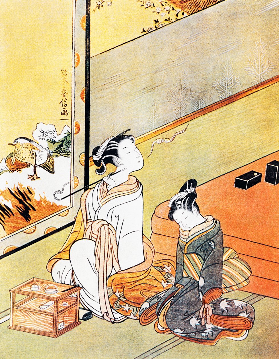Kobieta paląca fajkę, grafika ukiyo-e, szkoła Tosa, drzeworyt, cywilizacja japońska, okres Edo autorstwa Kitagawa Utamaro