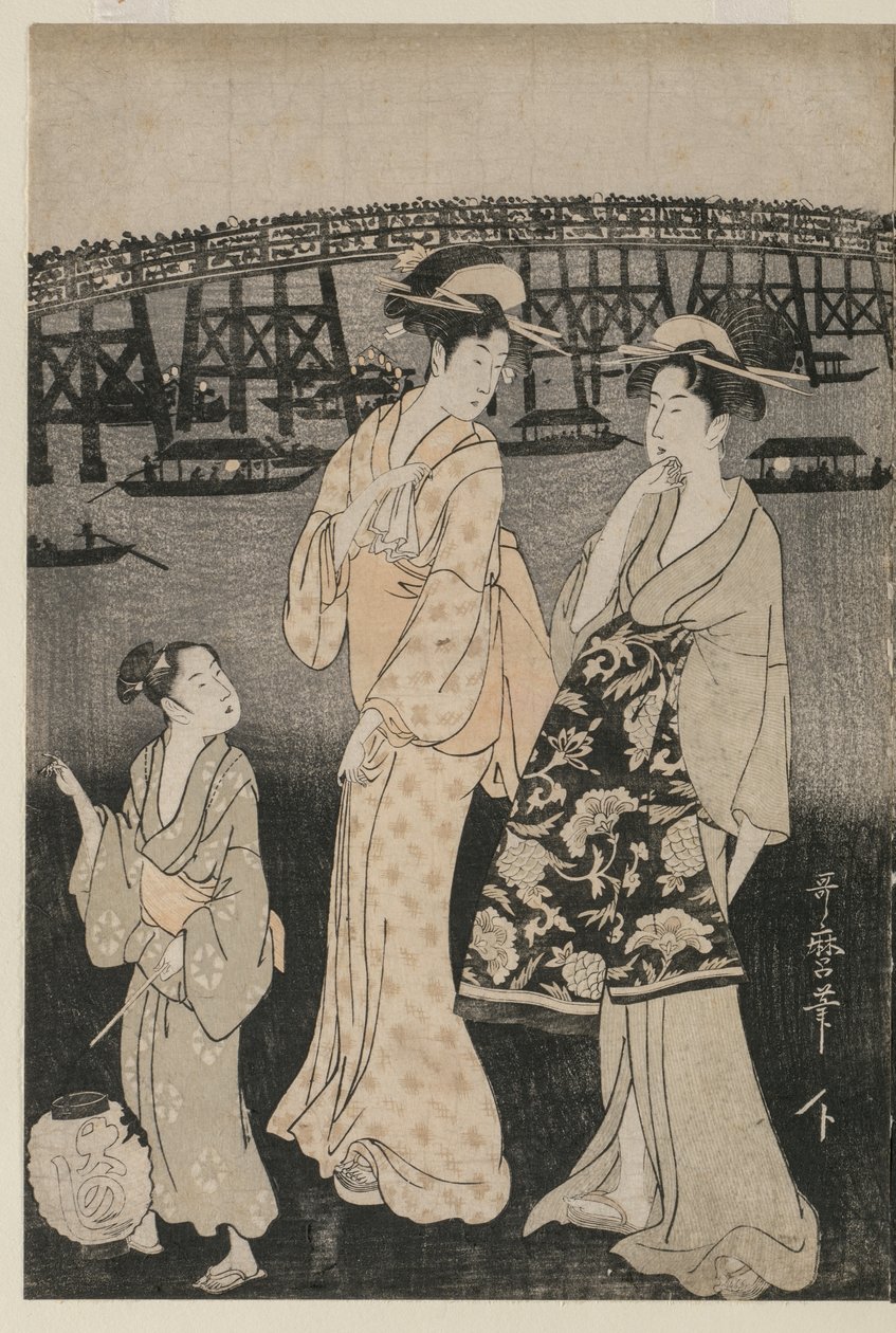 Kobiety cieszące się fajnym wieczorem w pobliżu mostu Ryogoku autorstwa Kitagawa Utamaro