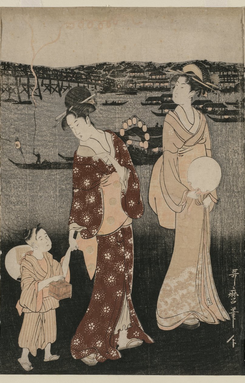 Kobiety cieszące się fajnym wieczorem w pobliżu mostu Ryogoku autorstwa Kitagawa Utamaro