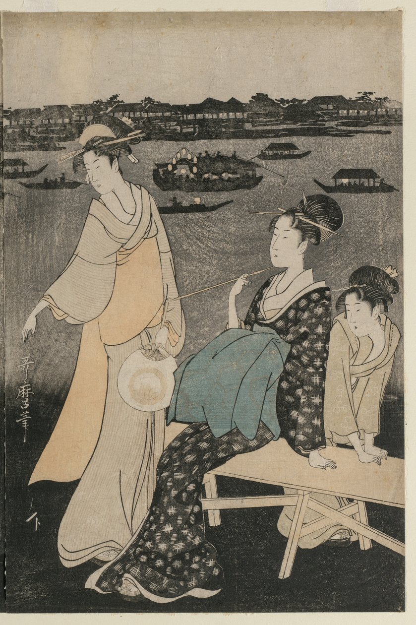 Kobiety cieszące się fajnym wieczorem w pobliżu mostu Ryogoku autorstwa Kitagawa Utamaro