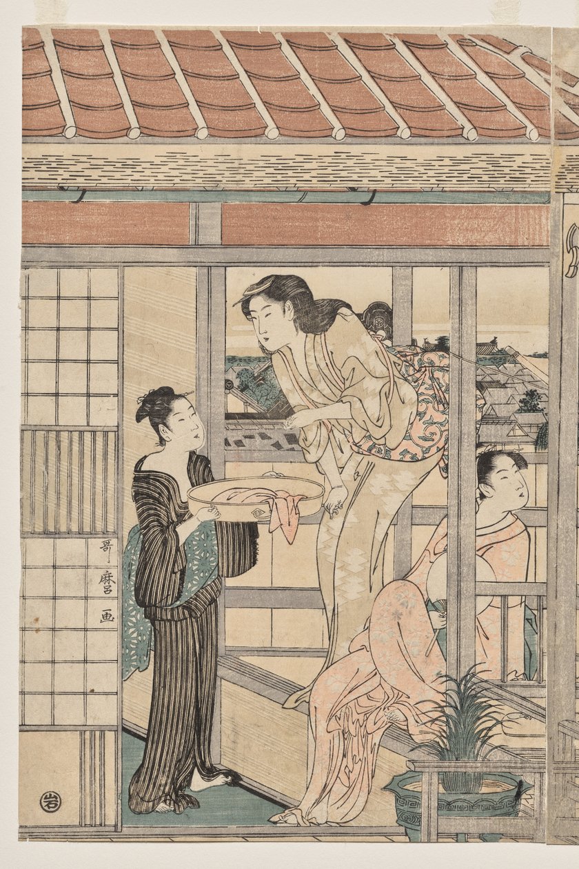 Kobiety wieszające pranie do wyschnięcia na balkonie autorstwa Kitagawa Utamaro
