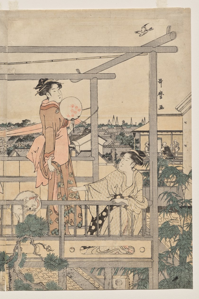 Kobiety wieszające pranie do wyschnięcia na balkonie autorstwa Kitagawa Utamaro