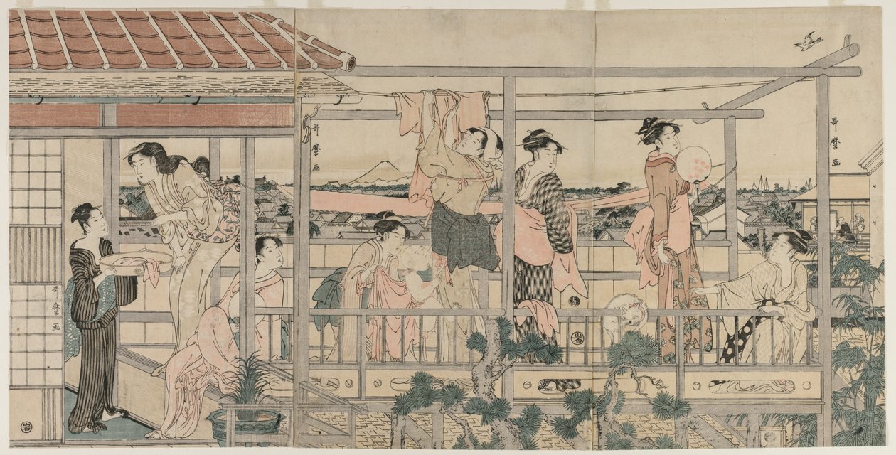 Kobiety wieszające pranie do wyschnięcia na balkonie, początek lat 90. XVIII wieku. autorstwa Kitagawa Utamaro
