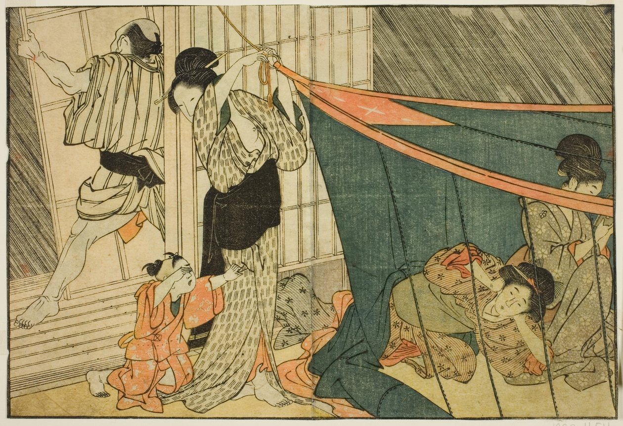 Kobiety w moskitierze podczas burzy, z ilustrowanej książki „Picture Book: Flowers of the Four Seasons (Ehon shiki no hana)”, tom. 1 autorstwa Kitagawa Utamaro