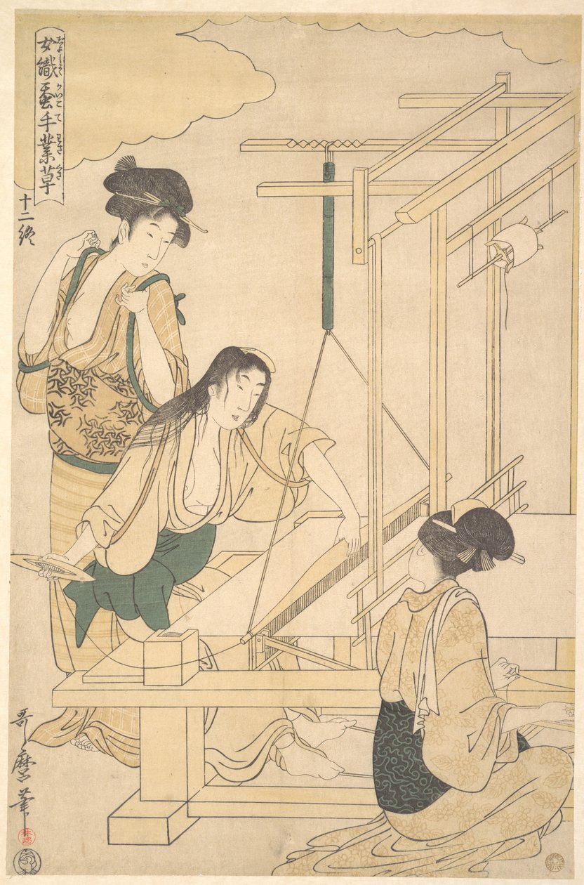 Kobiety tkające jedwabną tkaninę autorstwa Kitagawa Utamaro