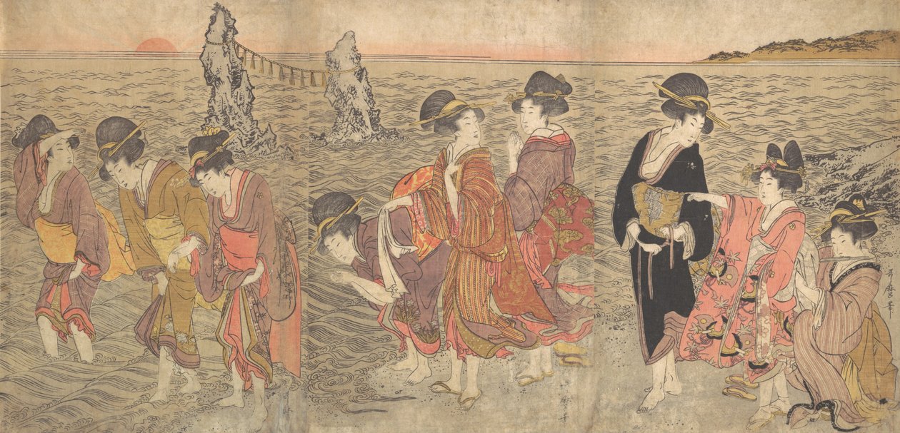 Kobiety czczące wschodzące słońce między bliźniaczymi skałami w Ise, koniec XVIII i początek XIX wieku. autorstwa Kitagawa Utamaro