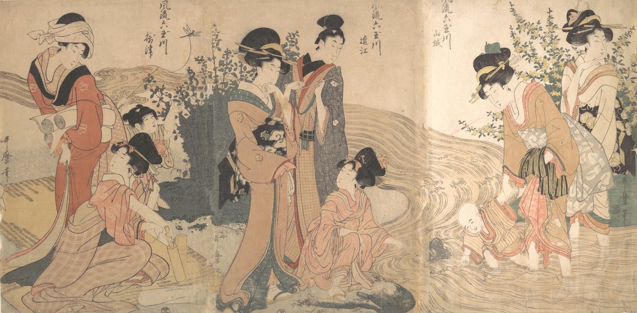 Kobiety i dzieci nad brzegiem potoku, koniec XVIII – początek XIX wieku. autorstwa Kitagawa Utamaro