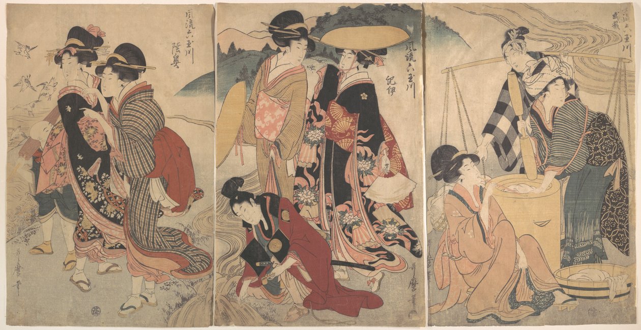 Kobiety i mężczyzna na wsi; jakiś korowód(?) autorstwa Kitagawa Utamaro