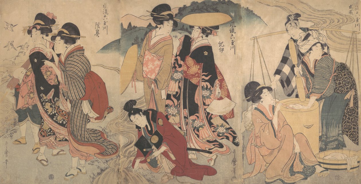 Kobiety i mężczyzna na wsi. Pewne widowisko, koniec XVIII-początek XIX wieku. autorstwa Kitagawa Utamaro