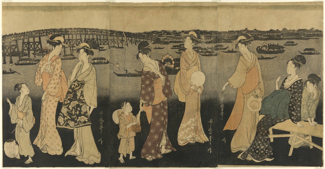 Kobiety oglądające fajerwerki na rzece Sumida autorstwa Kitagawa Utamaro