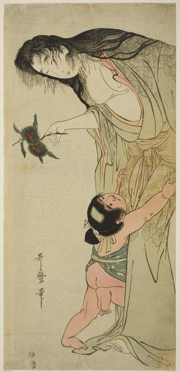 Yamauba trzymający kasztany, podczas gdy Kintaro po nie sięga, ok. 1804-5 (kolorowy drzeworyt; naga-oban) autorstwa Kitagawa Utamaro