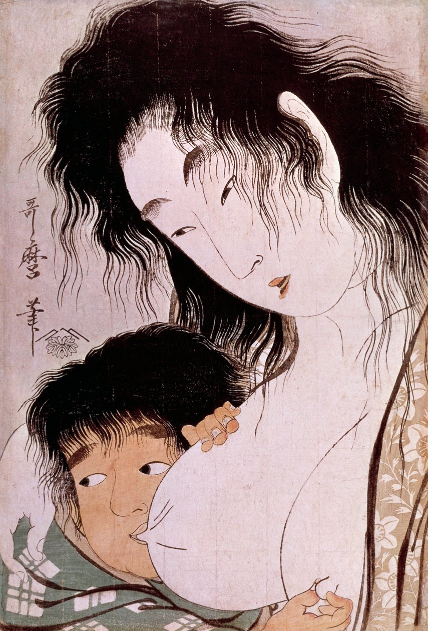Yamauba i Kintaro: starożytna japońska grafika autorstwa Utamaro Kitagawy (1753-1806). Słońce. 0,37x0,25m. 1801-1803. Paryż, Muzeum Guimet, Narodowe Muzeum Sztuki Azjatyckiej autorstwa Kitagawa Utamaro