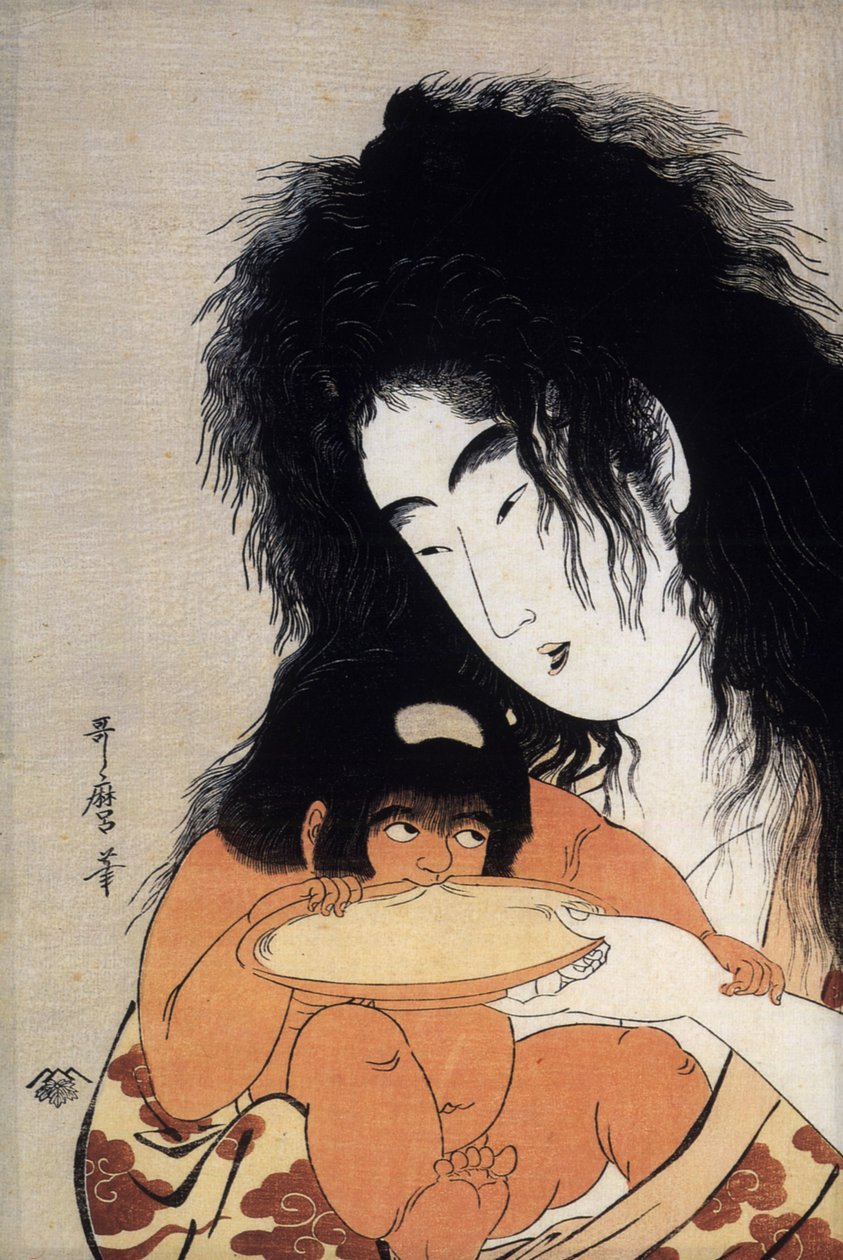Yamauba i jej syn Kintaro, znaczek japoński, ok. 1804-05 (druk) autorstwa Kitagawa Utamaro