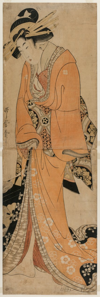 Gejsza stojąca obok sprawy Shamisen autorstwa Kitagawa Utamaro II