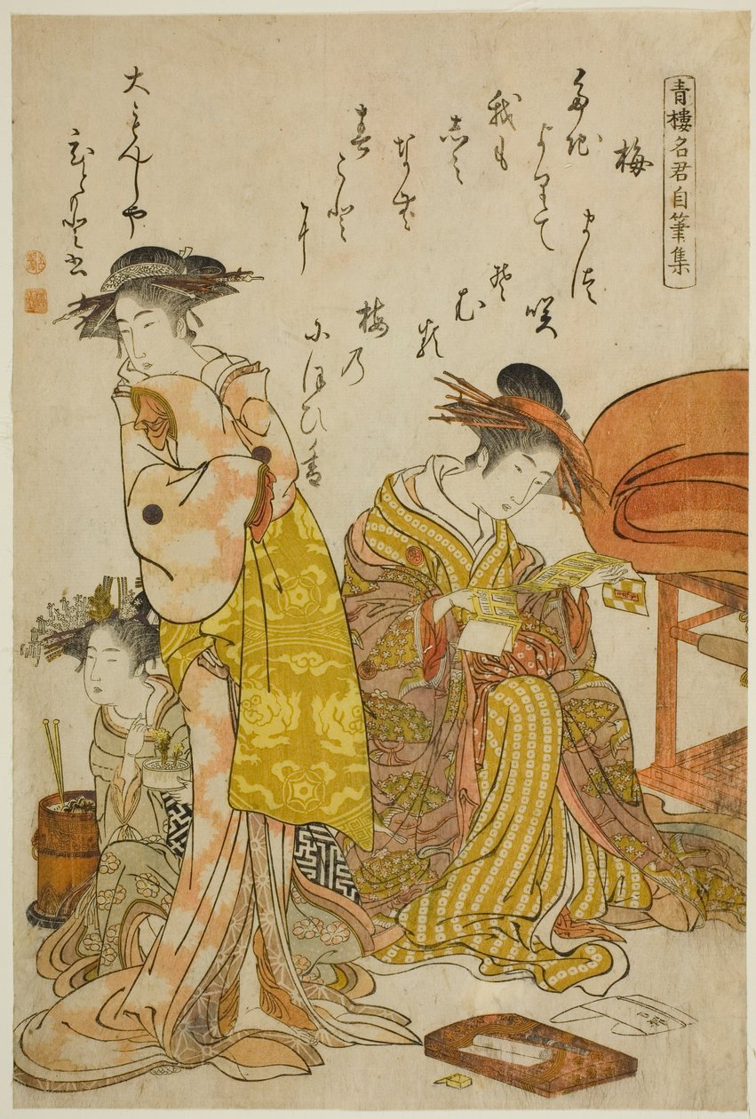 Kurtyzana Hitomoto z Daimonjiya, z albumu „Comparing New Beauties of the Yoshiwara – A Mirror of Their Own Writings (Keisei shin bijin awase jikihitsu kagami)” autorstwa Kitao Masanobu