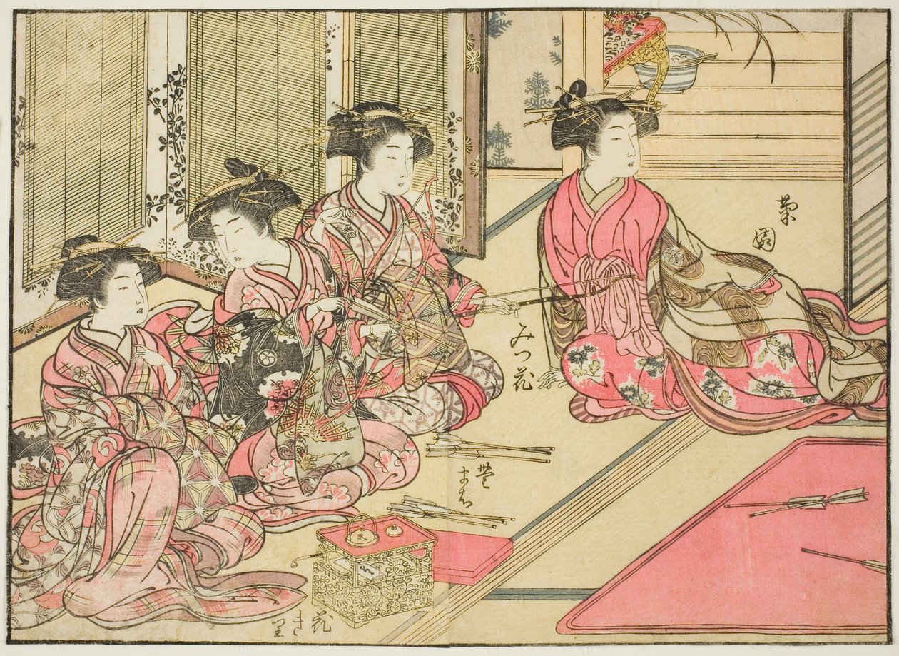 Kurtyzany Kiriyi, z książki „Zwierciadło pięknych kobiet z dzielnic przyjemności (Seiro bijin awase sugata kagami),” tom. 2 autorstwa Kitao Shigemasa