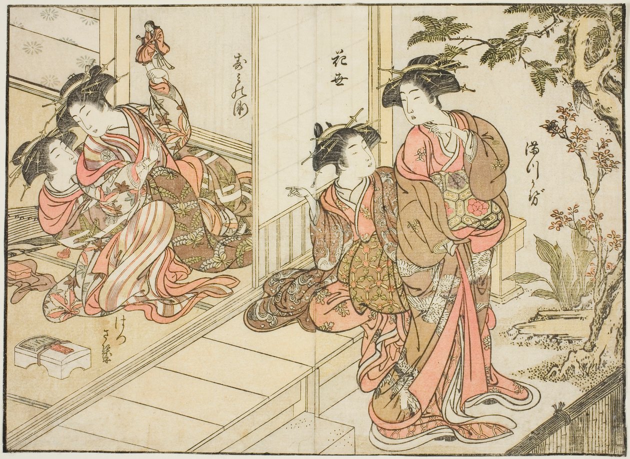 Kurtyzany Maruebiya, z książki „Zwierciadło pięknych kobiet z dzielnic przyjemności (Seiro bijin awase sugata kagami),” tom. 2 autorstwa Kitao Shigemasa