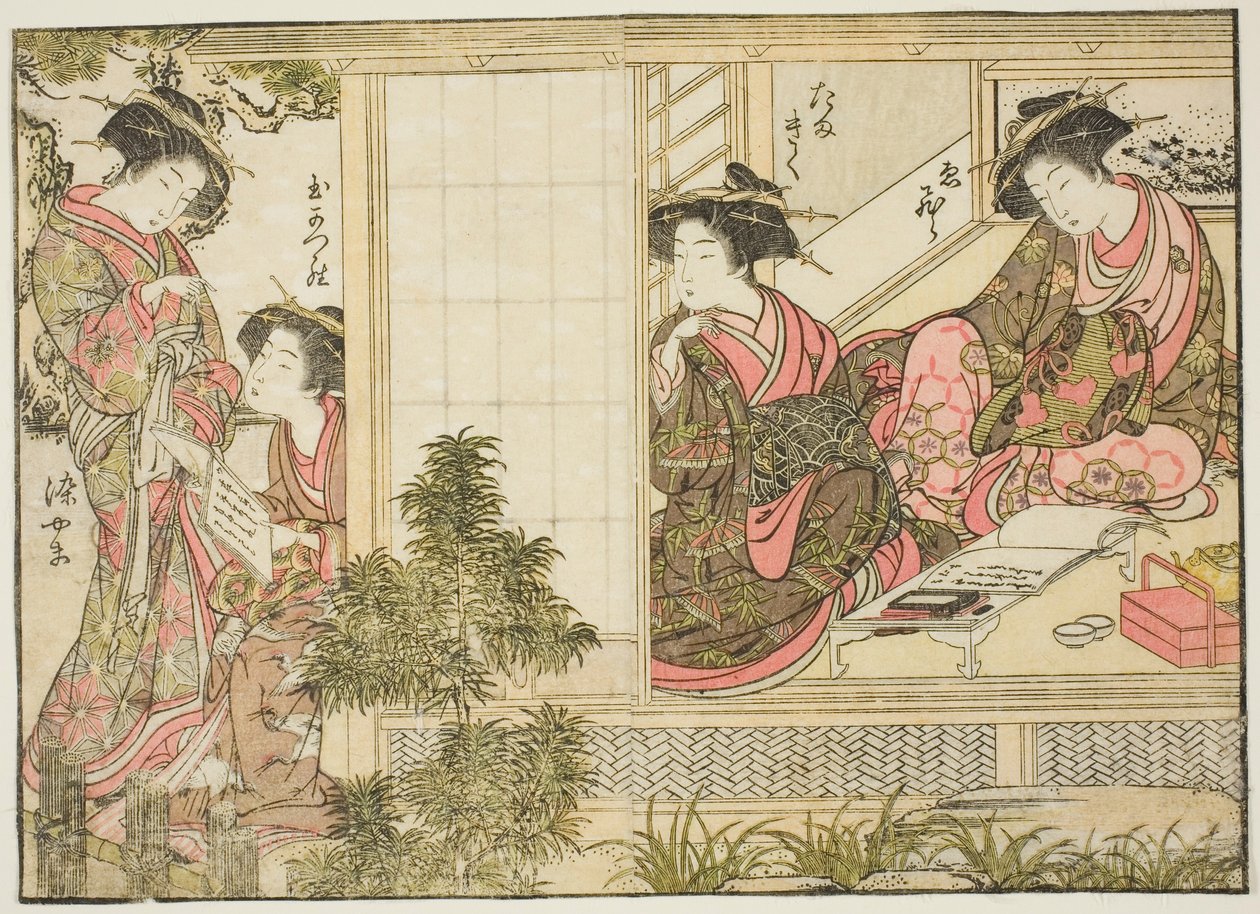Kurtyzany Oebuji, z książki „Zwierciadło pięknych kobiet z dzielnic przyjemności (Seiro bijin awase sugata kagami),” tom. 2 autorstwa Kitao Shigemasa
