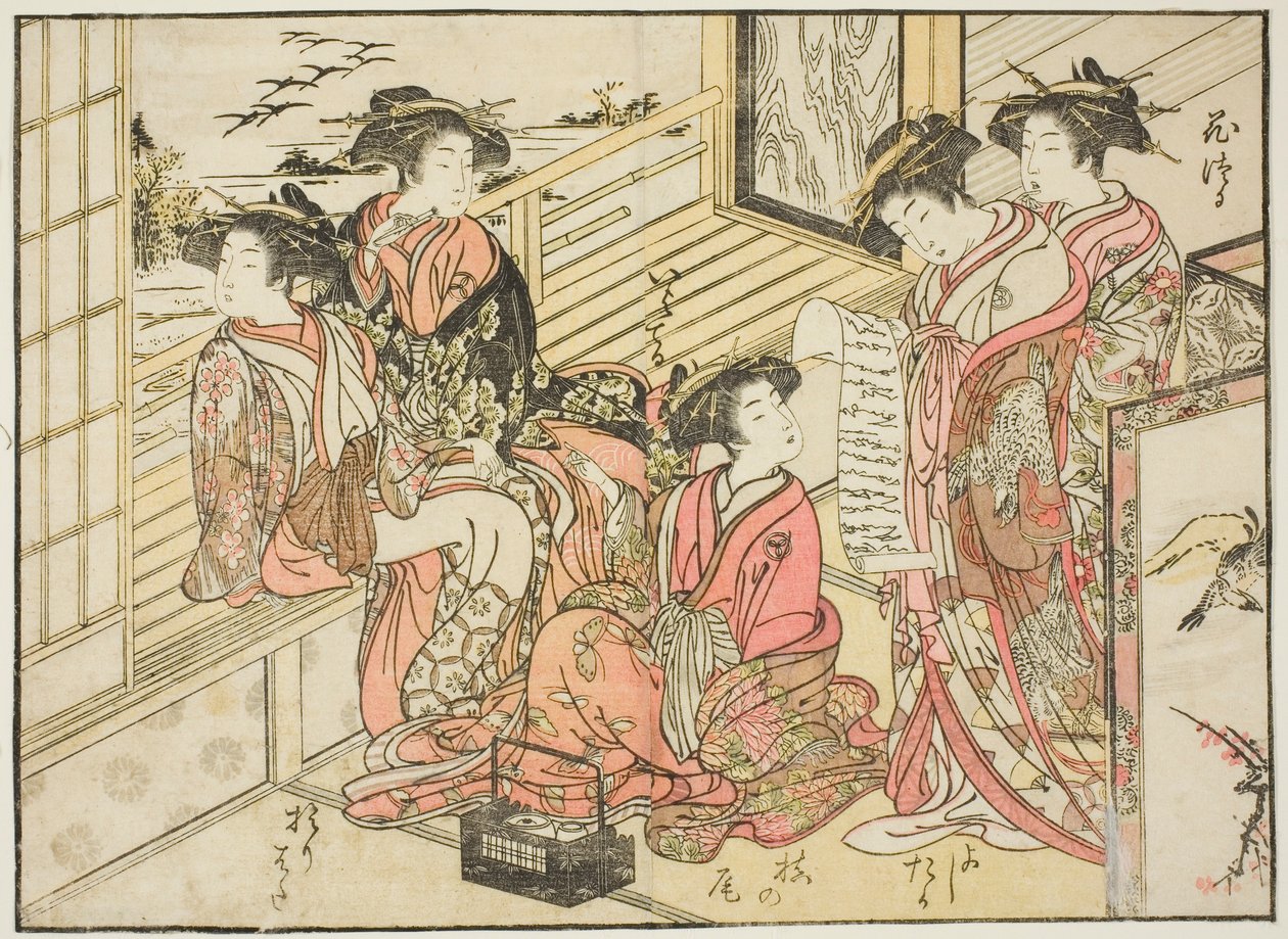 Kurtyzany Okamoto, z książki „Zwierciadło pięknych kobiet z dzielnic przyjemności (Seiro bijin awase sugata kagami),” tom. 2 autorstwa Kitao Shigemasa