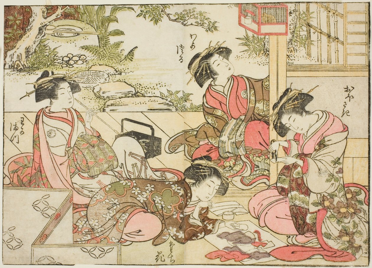 Kurtyzany Otawaraya, z książki „Zwierciadło pięknych kobiet z dzielnic przyjemności (Seiro bijin awase sugata kagami),” tom. 2 autorstwa Kitao Shigemasa