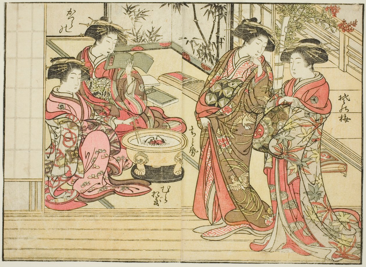 Kurtyzany Otawaraya, z książki „Zwierciadło pięknych kobiet z dzielnic przyjemności (Seiro bijin awase sugata kagami),” tom. 2 autorstwa Kitao Shigemasa
