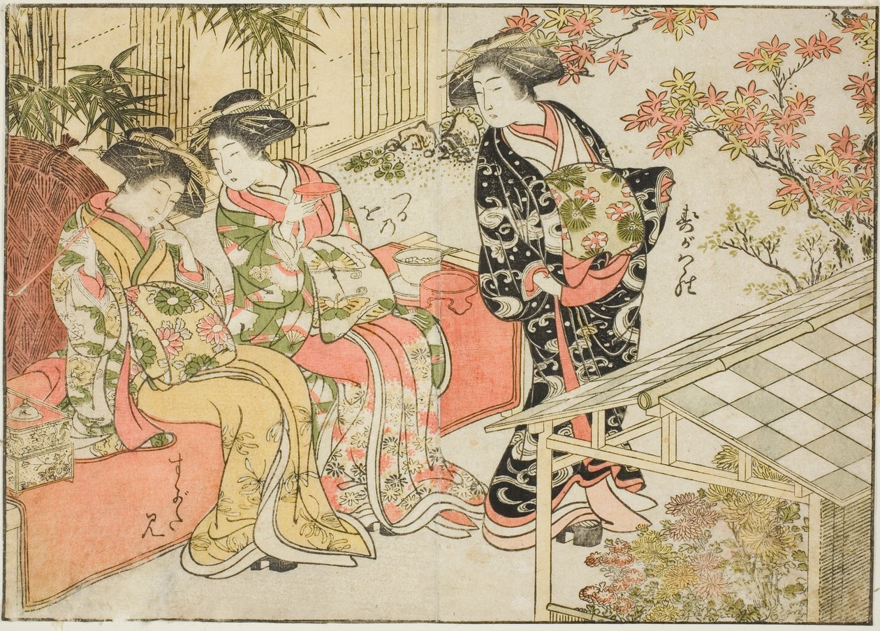 Kurtyzany Tsuruyi, z książki „Zwierciadło pięknych kobiet Dzielnicy Przyjemności (Seiro bijin awase sugata kagami),” tom. 2 autorstwa Kitao Shigemasa