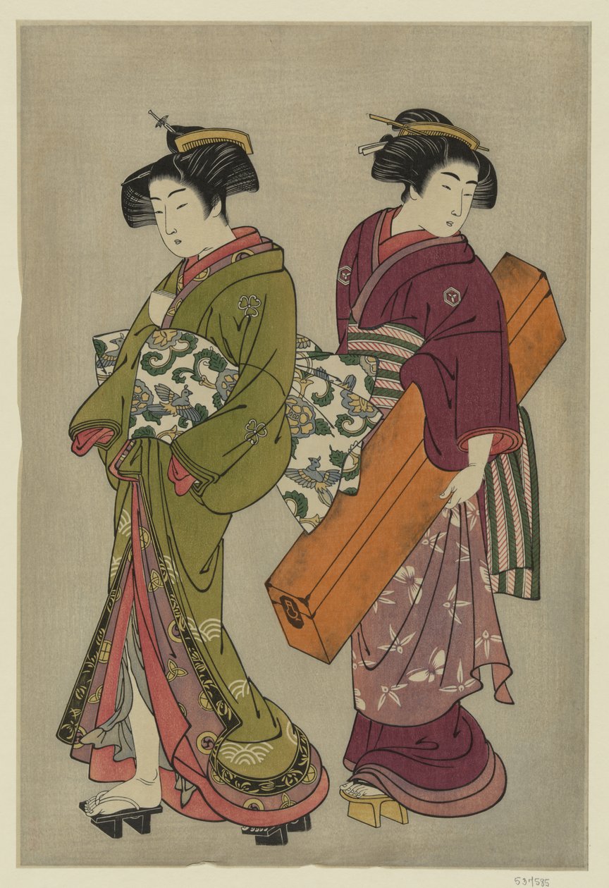 Kitao Shigemasa (1777) Gejsza i służąca niosąca skrzynię shamisen autorstwa Kitao Shigemasa
