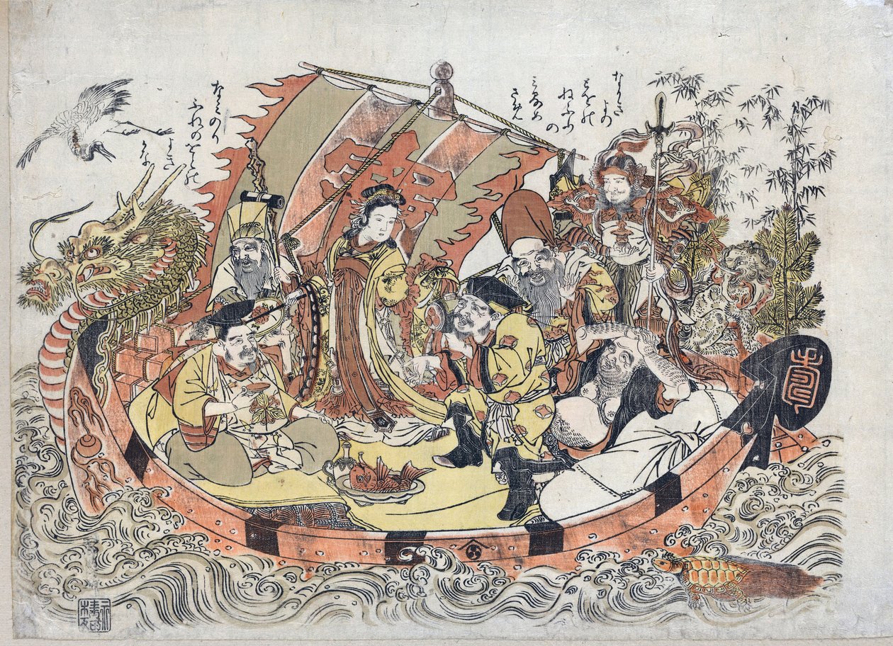 Sept Divinites du Bonheur - Seven Lucky Gods par Kitao, Shigemasa (1739-1820), Między 1775 a 1780 - Kolorowy linoryt, 32,6x46,1 - Kolekcja prywatna autorstwa Kitao Shigemasa