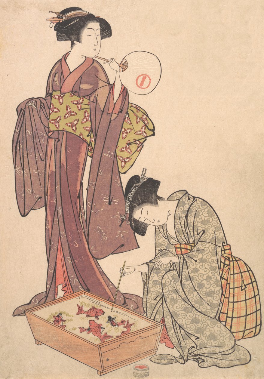Dwie kobiety karmiące ryby, 1739-1820. autorstwa Kitao Shigemasa
