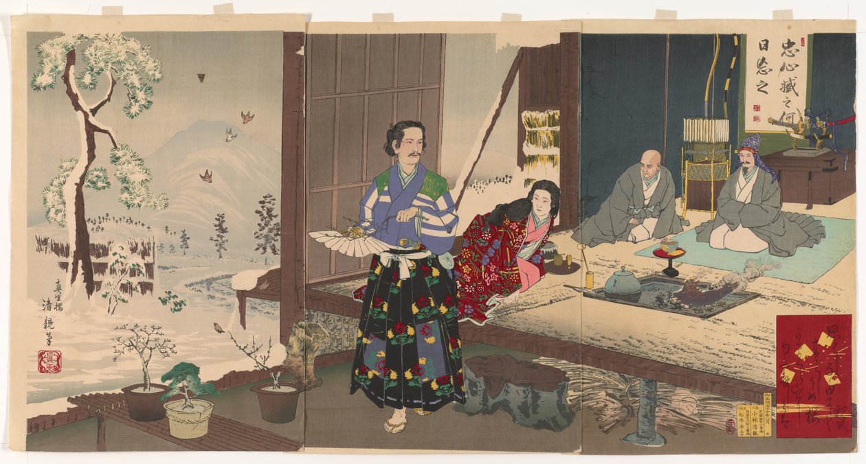 Chushingura, Yuranosuke na emeryturze (drewnodruk, tusz i kolor na papierze) autorstwa Kiyochika Kobayashi