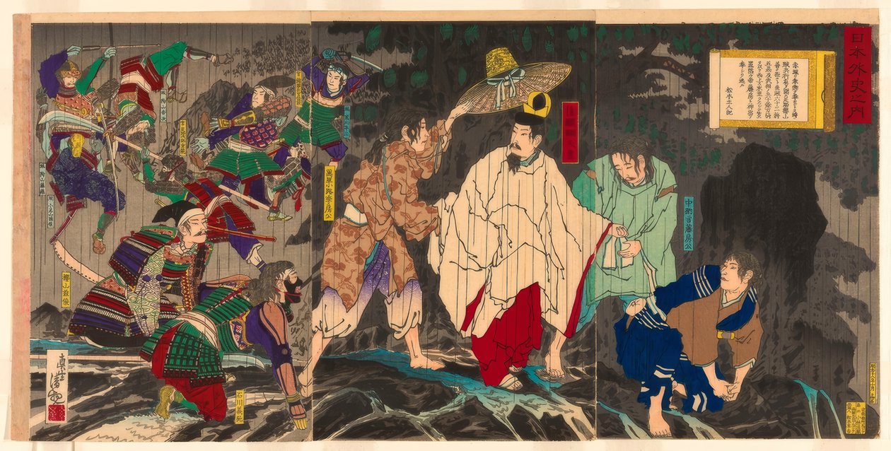 Cesarz Godaigo ucieka; z cyklu „Nieoficjalna historia Japonii (Nihon gaishi no uchi)” autorstwa Kiyochika Kobayashi