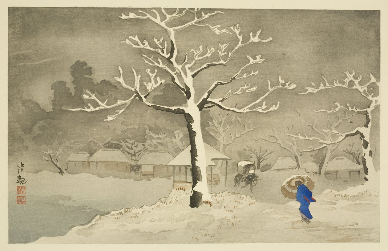 Dolny nasyp w Mimeguri, Mukojima (kolorowy drzeworyt) autorstwa Kiyochika Kobayashi