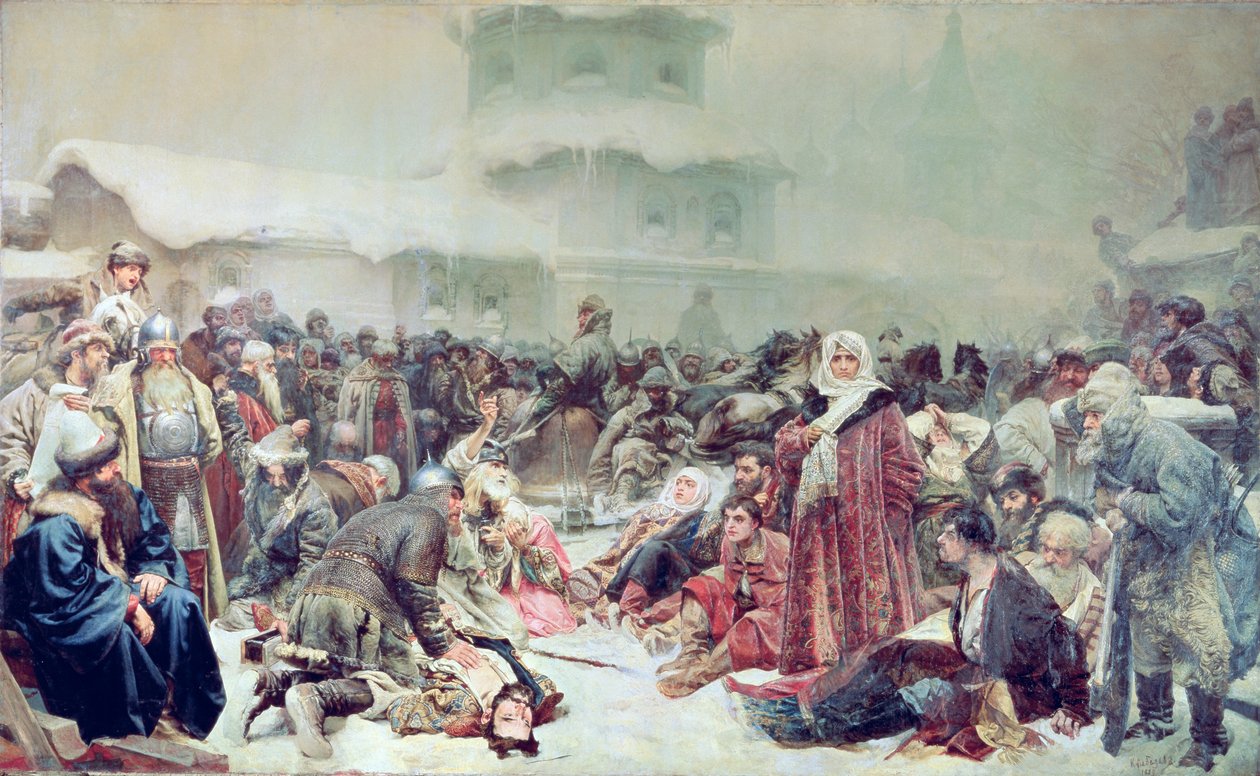 Zniszczenie Nowogrodu przez cara Iwana III (1440-1505) 1889 autorstwa Klavdiy Vasilievich Lebedev