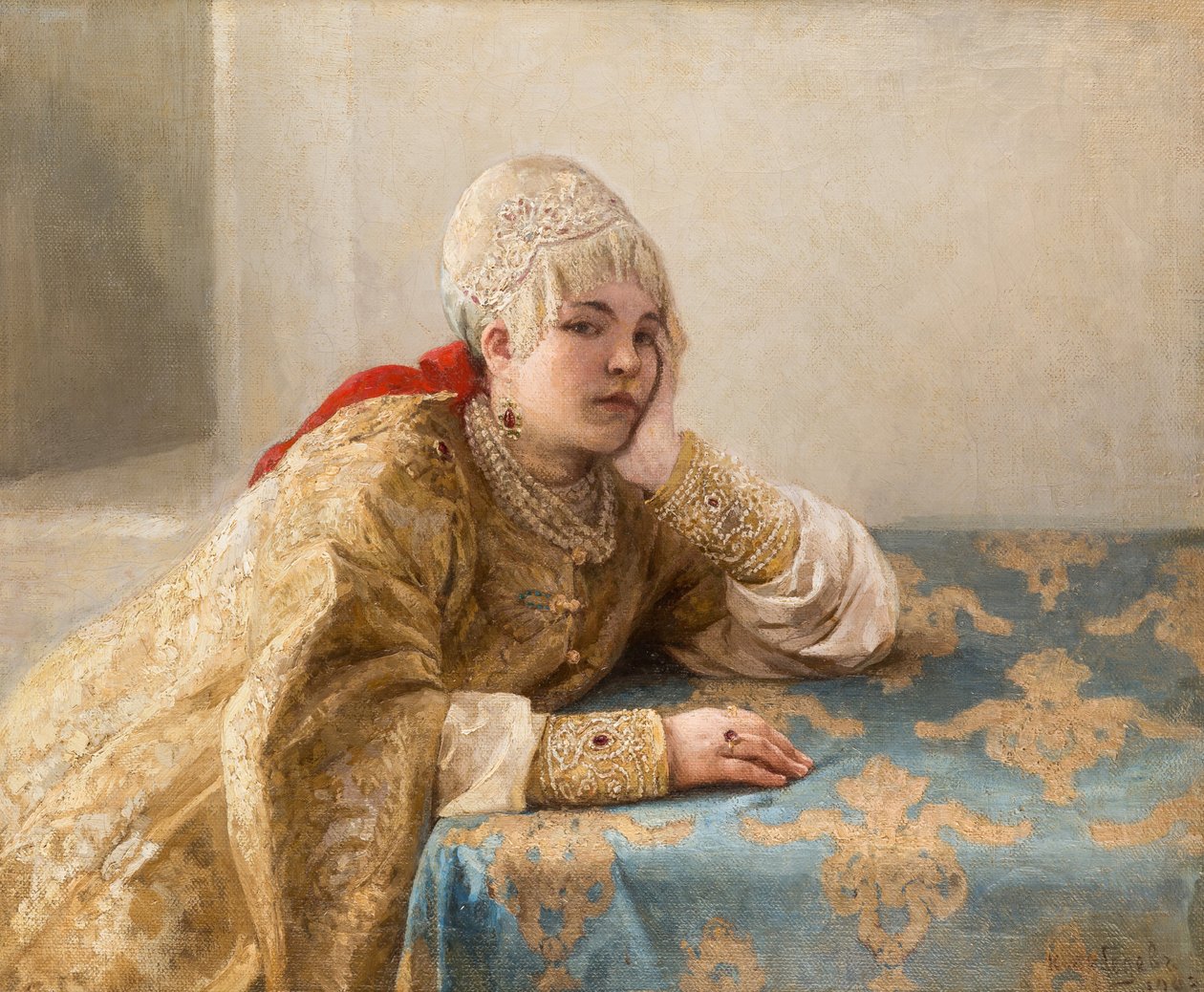 Fille de boyard (boiar) - córka Bojara, po Lebiediew, Klavdi (Klavdy) (1852-1916). olej na płótnie autorstwa Klavdiy Vasilievich Lebedev