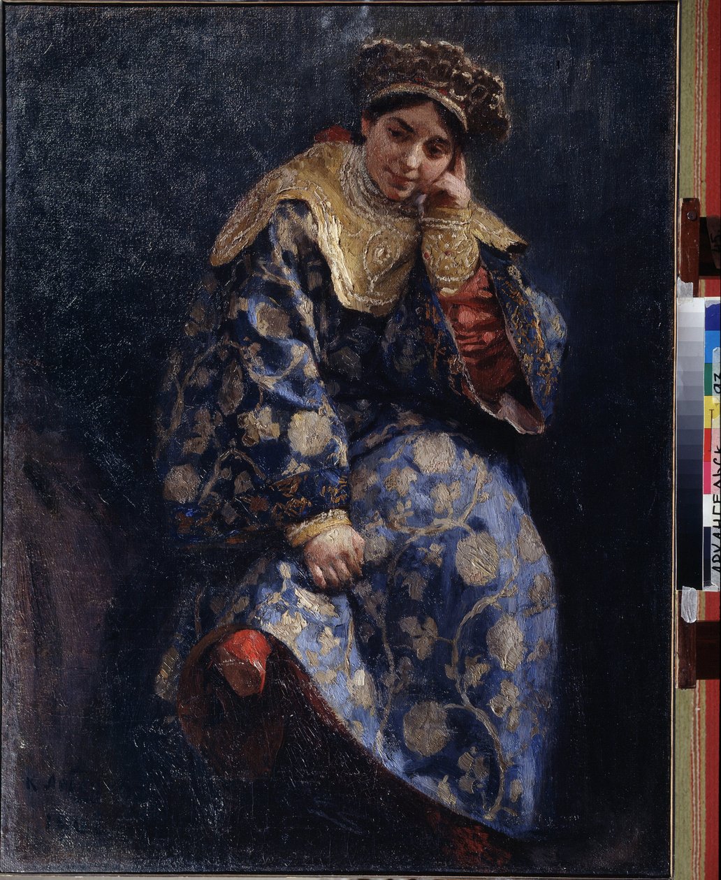 Córka bojara (dzika, bojara) (córka bojara). Portret młodej tradycyjnej rosyjskiej szlachcianki, w czasach kłopotów w latach 1598-1613. Obraz Klavdi Vasilyevich Lebedev (1852-1916), olej na płótnie autorstwa Klavdiy Vasilievich Lebedev