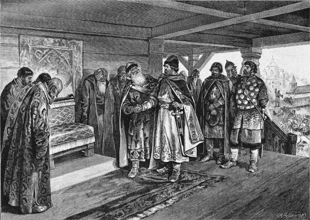 Izyaslav I Mstislavich i Wiaczesław I Władimirowicz, 1890 autorstwa Klavdiy Vasilievich Lebedev