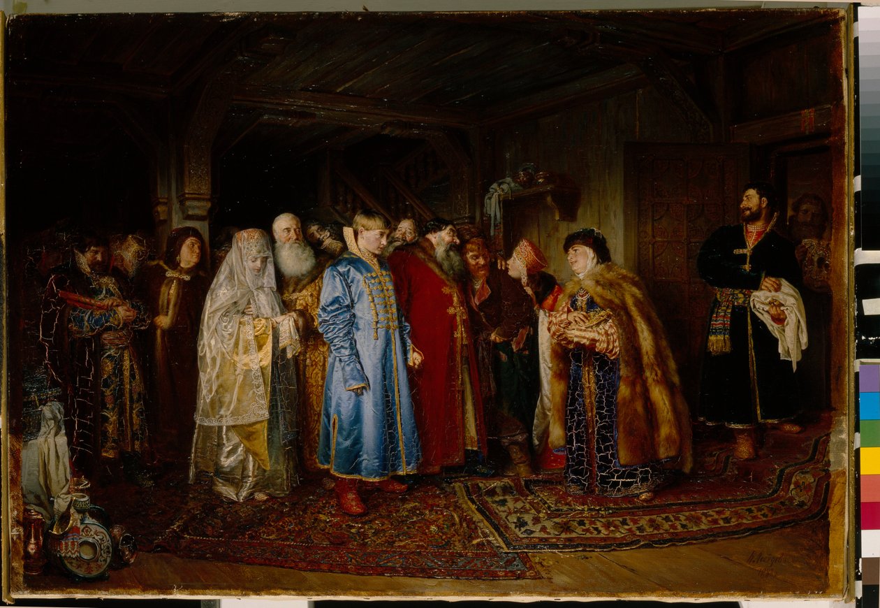 Ślub bojarski (bojar, bojar) w XVI wieku, panna młoda ma na sobie kokochnik (Wesele bojara) - Olej na płótnie Klavdi Vasilyevich Lebedev (1852-1916) autorstwa Klavdiy Vasilievich Lebedev