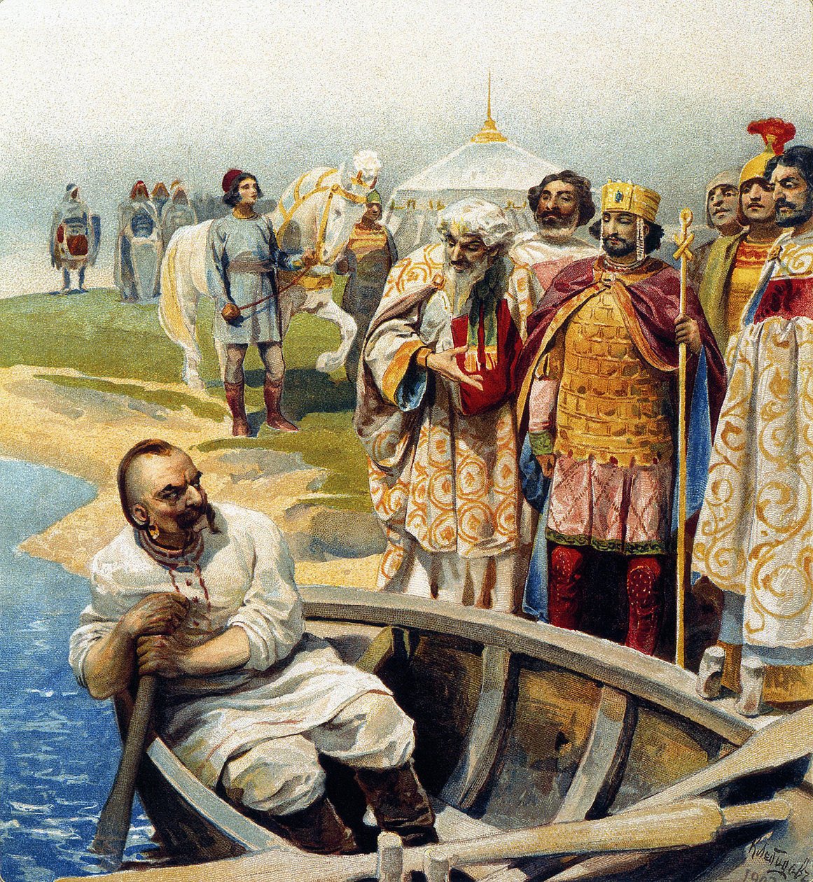 Spotkanie Światosława I z cesarzem Janem Tzimiskesem autorstwa Klavdiy Vasilievich Lebedev