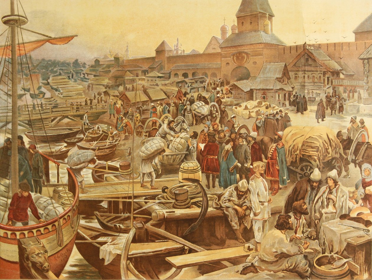 Port w Nowogrodzie, 1907 autorstwa Klavdiy Vasilievich Lebedev